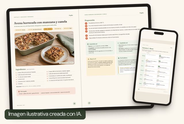 Imagen ilustrativa creada con IA: tablet con una receta abierta y celular con una página interior