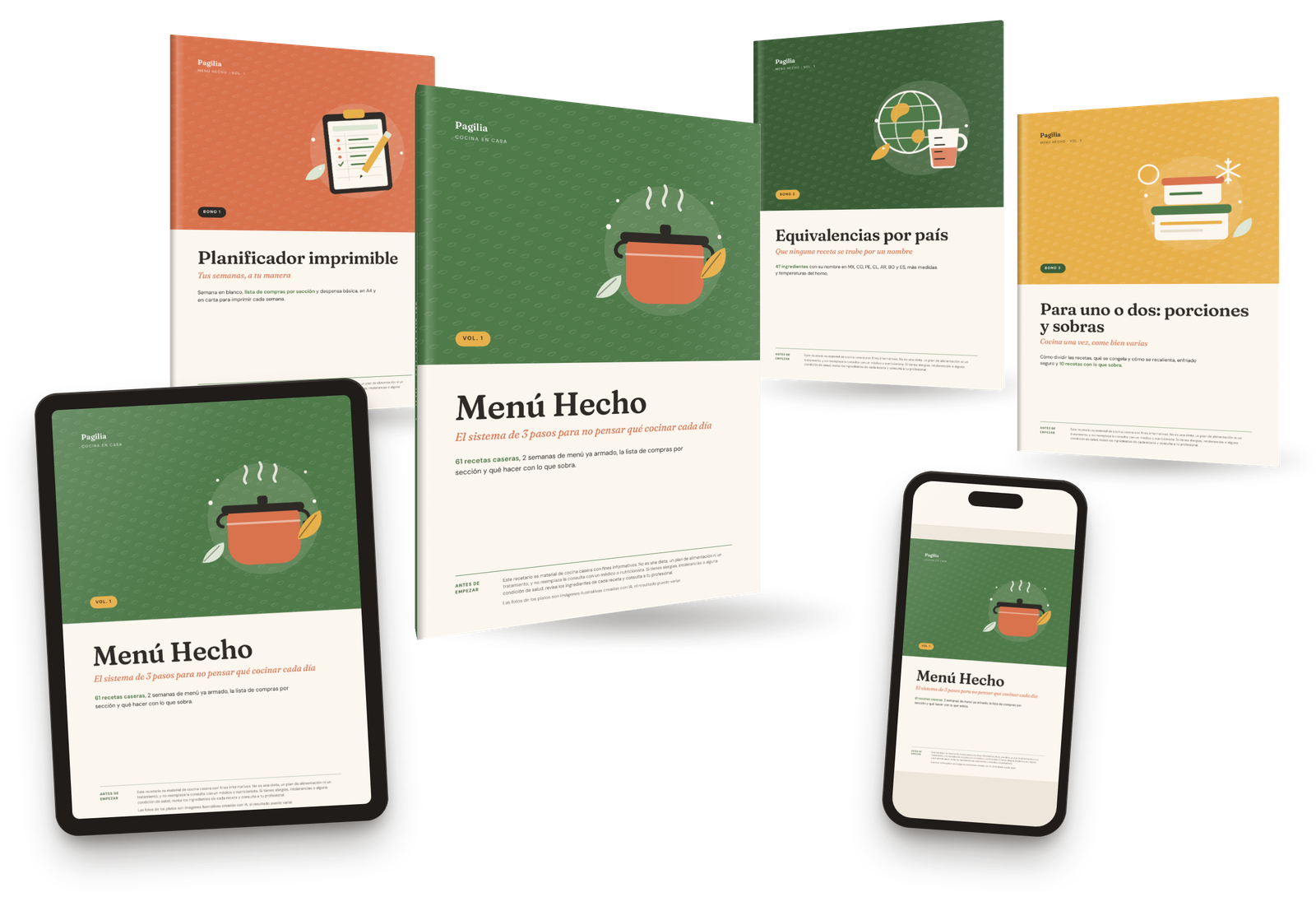 Pack de Menú Hecho: libro con la portada, tablet y celular con la portada, y detrás las portadas de los 3 bonos