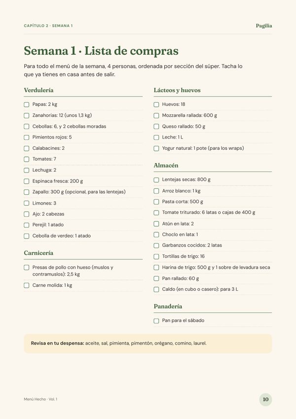 Página 10: semana 1, la lista de compras por sección del súper