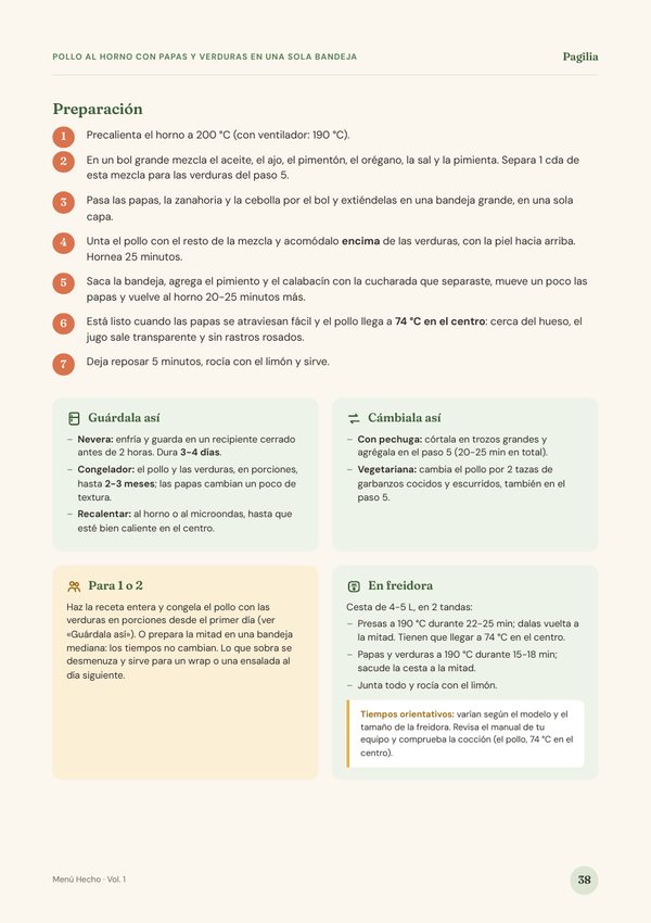 Página 38: continuación de la ficha del pollo, con «Guárdala así», «Cámbiala así» y «Para 1 o 2»